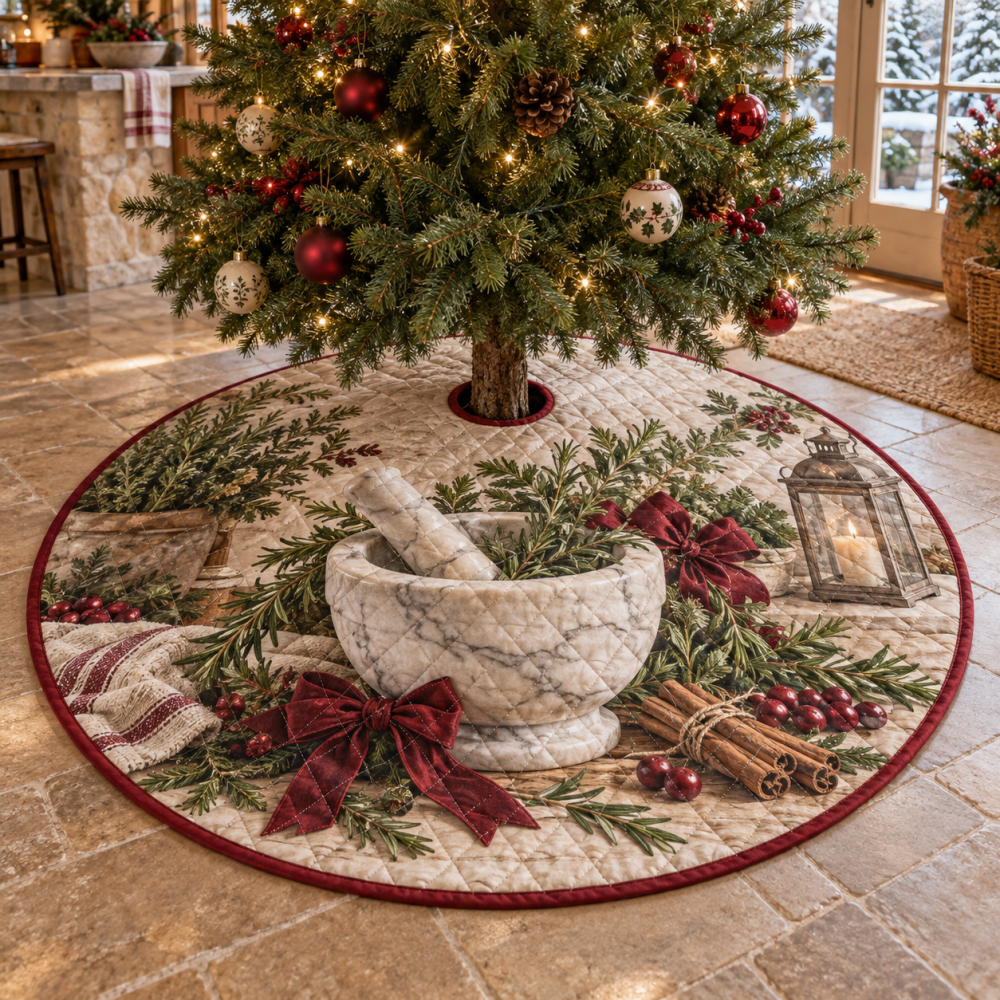 Holiday Mortar & Pestle Quilted Tree Skirt — Charming Culinary-Themed Christmas Base Cover, Plush Quilting & Unique Seasonal Accent For Foodie Homes