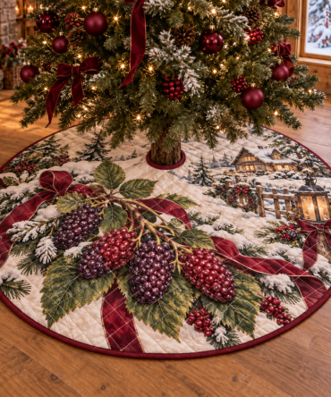 Luxurious Quilted Christmas Tree Skirt - Mulberry Holiday Print Tree Collar, 48 Inch Round, Stylish Cozy Base Cover