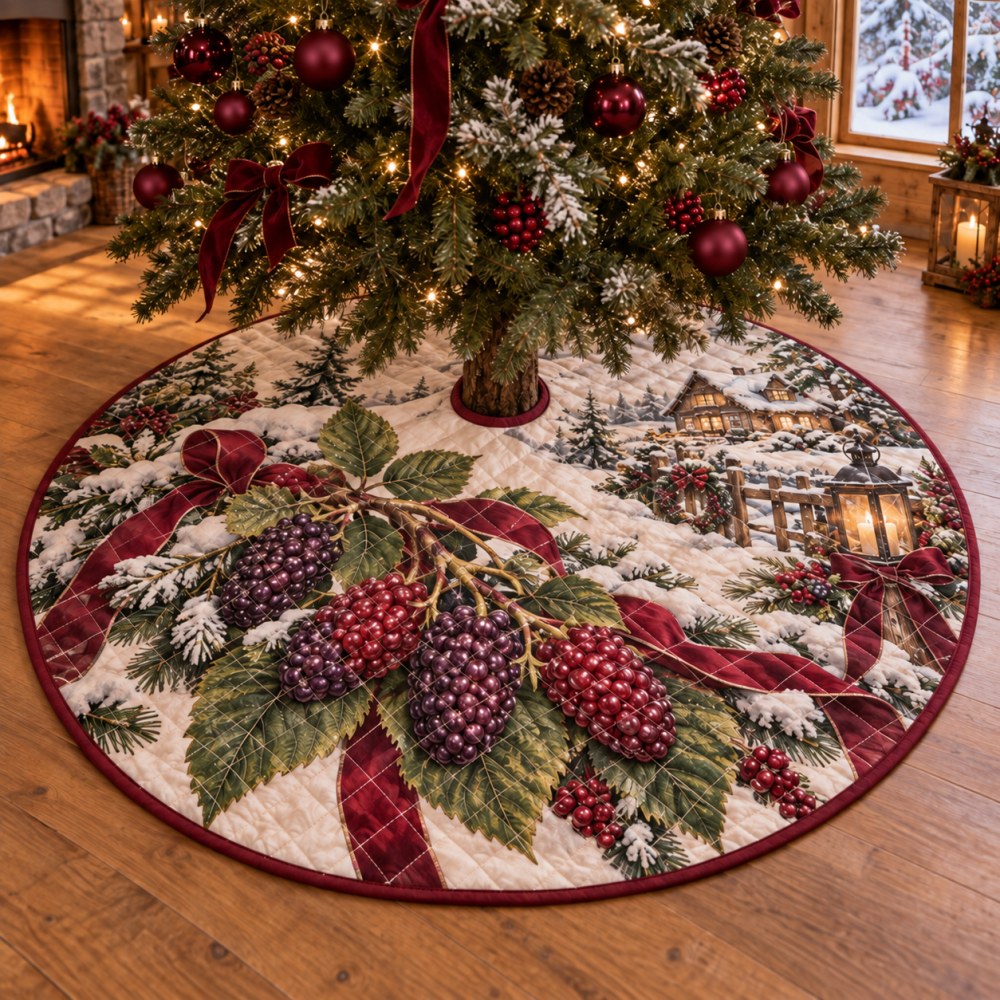 Luxurious Quilted Christmas Tree Skirt - Mulberry Holiday Print Tree Collar, 48 Inch Round, Stylish Cozy Base Cover