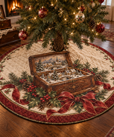 Charming Quilted Music Box Tree Skirt — 48" Musical Music Box Motif Christmas Cover For Whimsical, Elegant Holiday Displays