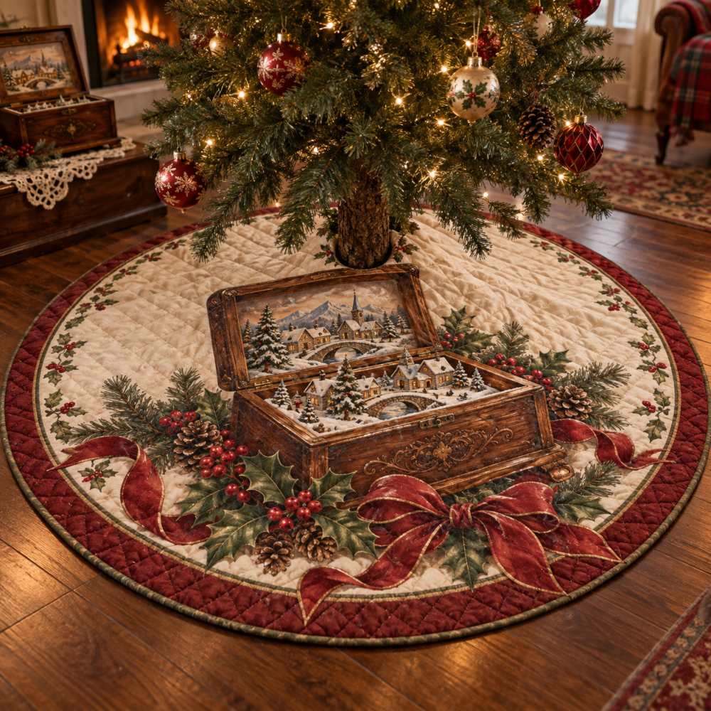 Charming Quilted Music Box Tree Skirt — 48" Musical Music Box Motif Christmas Cover For Whimsical, Elegant Holiday Displays