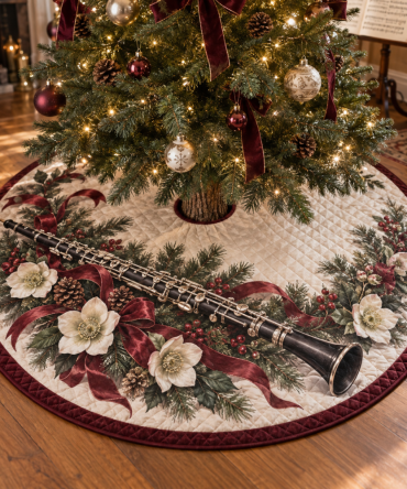 Elegant Quilted Oboe Christmas Tree Skirt — Orchestra-Themed Holiday Tree Skirt, Soft Quilted Finish For Music Lovers