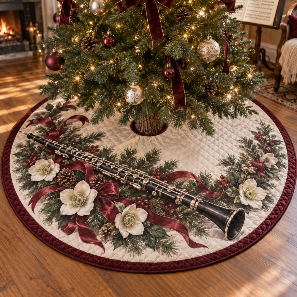 Elegant Quilted Oboe Christmas Tree Skirt — Orchestra-Themed Holiday Tree Skirt, Soft Quilted Finish For Music Lovers