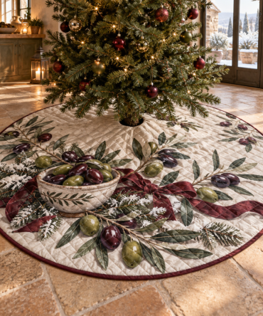 Stylish Quilted Holiday Tree Skirt — Holiday Olive Motif, Premium Patchwork Christmas Base Cover To Complete Festive Decorating
