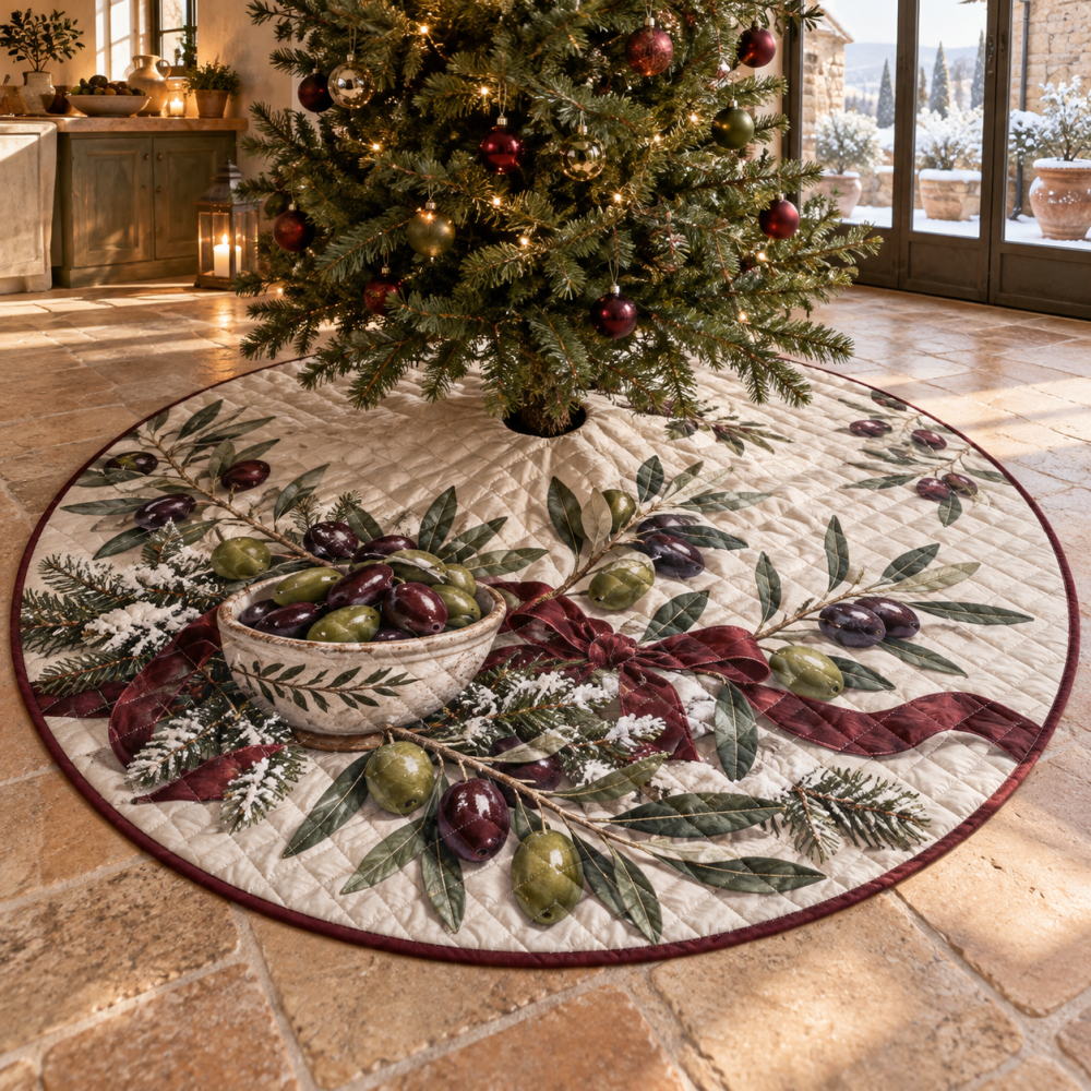 Stylish Quilted Holiday Tree Skirt — Holiday Olive Motif, Premium Patchwork Christmas Base Cover To Complete Festive Decorating