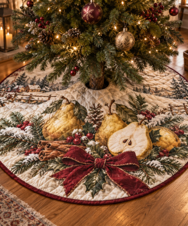 Festive Quilted Pear Tree Skirt — Holiday Christmas Tree Skirt With Elegant Fruit Motif, Soft Warm Cotton, Fits Most Trees