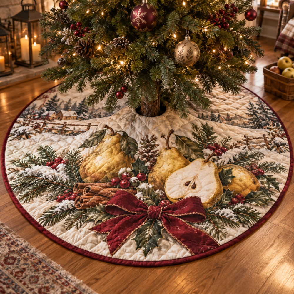 Festive Quilted Pear Tree Skirt — Holiday Christmas Tree Skirt With Elegant Fruit Motif, Soft Warm Cotton, Fits Most Trees