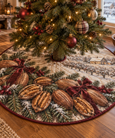 48-Inch Quilted Christmas Tree Skirt With Pecan Nut Motif — Warm Holiday Tree Skirt, Heavy-Duty Sewing, Reversible & Easy Care