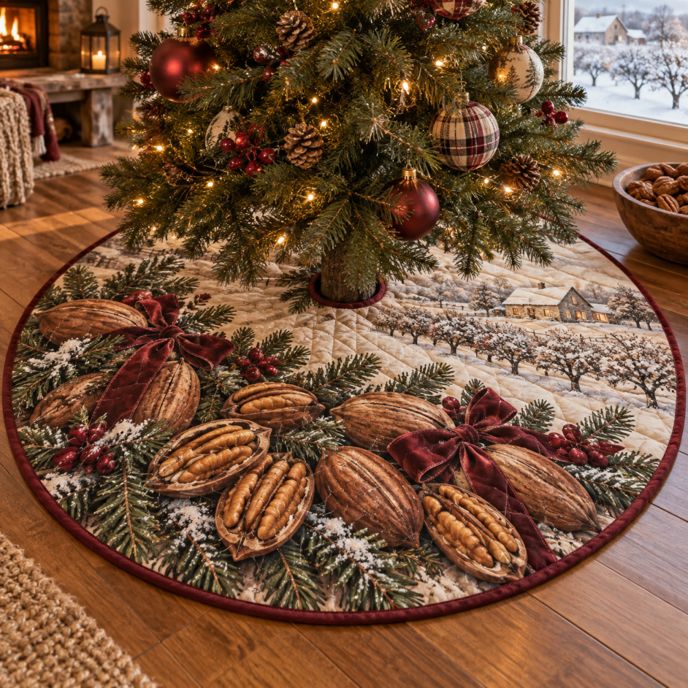 48-Inch Quilted Christmas Tree Skirt With Pecan Nut Motif — Warm Holiday Tree Skirt, Heavy-Duty Sewing, Reversible & Easy Care