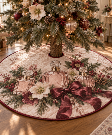 Vintage Perfume Bottle Quilted Christmas Tree Skirt — Glamorous Fragrance-Themed Holiday Tree Skirt, Chic Boutique Décor Accent