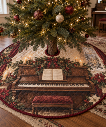 Holiday Piano Quilted Christmas Tree Skirt — Musical Keyboard Appliqué, Elegant Quilting, Plush Cotton-Blend, Perfect Gift For Pianists & Music Lovers