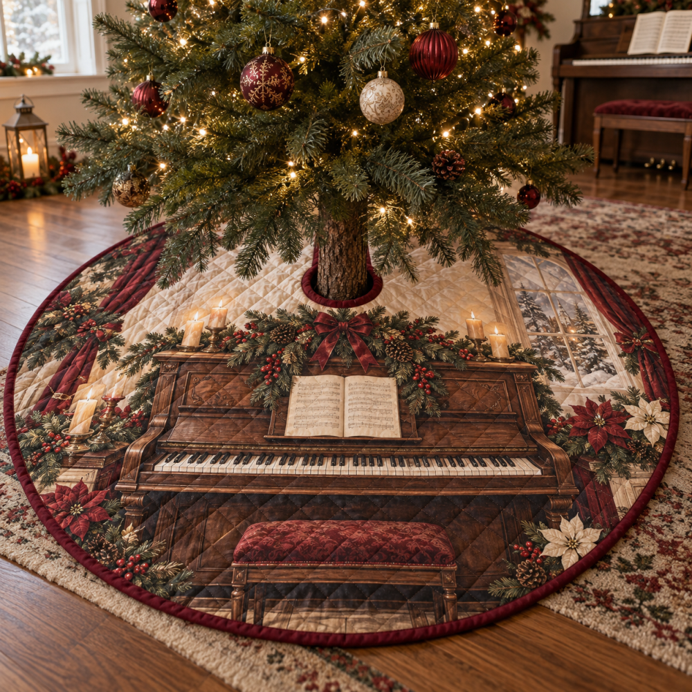 Holiday Piano Quilted Christmas Tree Skirt — Musical Keyboard Appliqué, Elegant Quilting, Plush Cotton-Blend, Perfect Gift For Pianists & Music Lovers