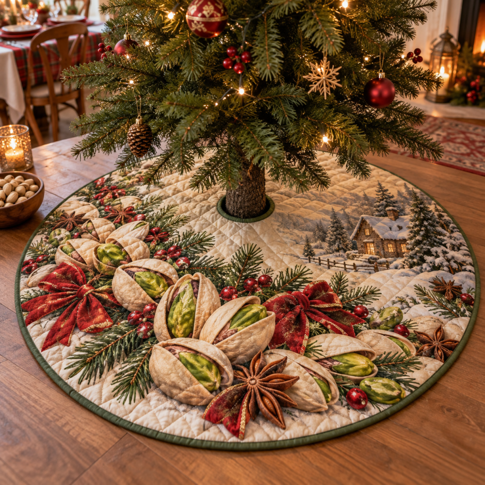 Stylish Quilted Holiday Tree Skirt With Pistachio Accents — 48" Soft Cotton Blend, Modern Festive Base, Easy-Care & Secure Fit