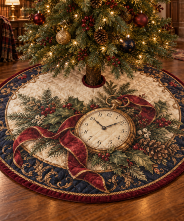 Vintage Pocket Watch Quilted Christmas Tree Skirt - Elegant Timepiece Holiday Accent, Heirloom-Style Quilted Collar, Machine-Washable