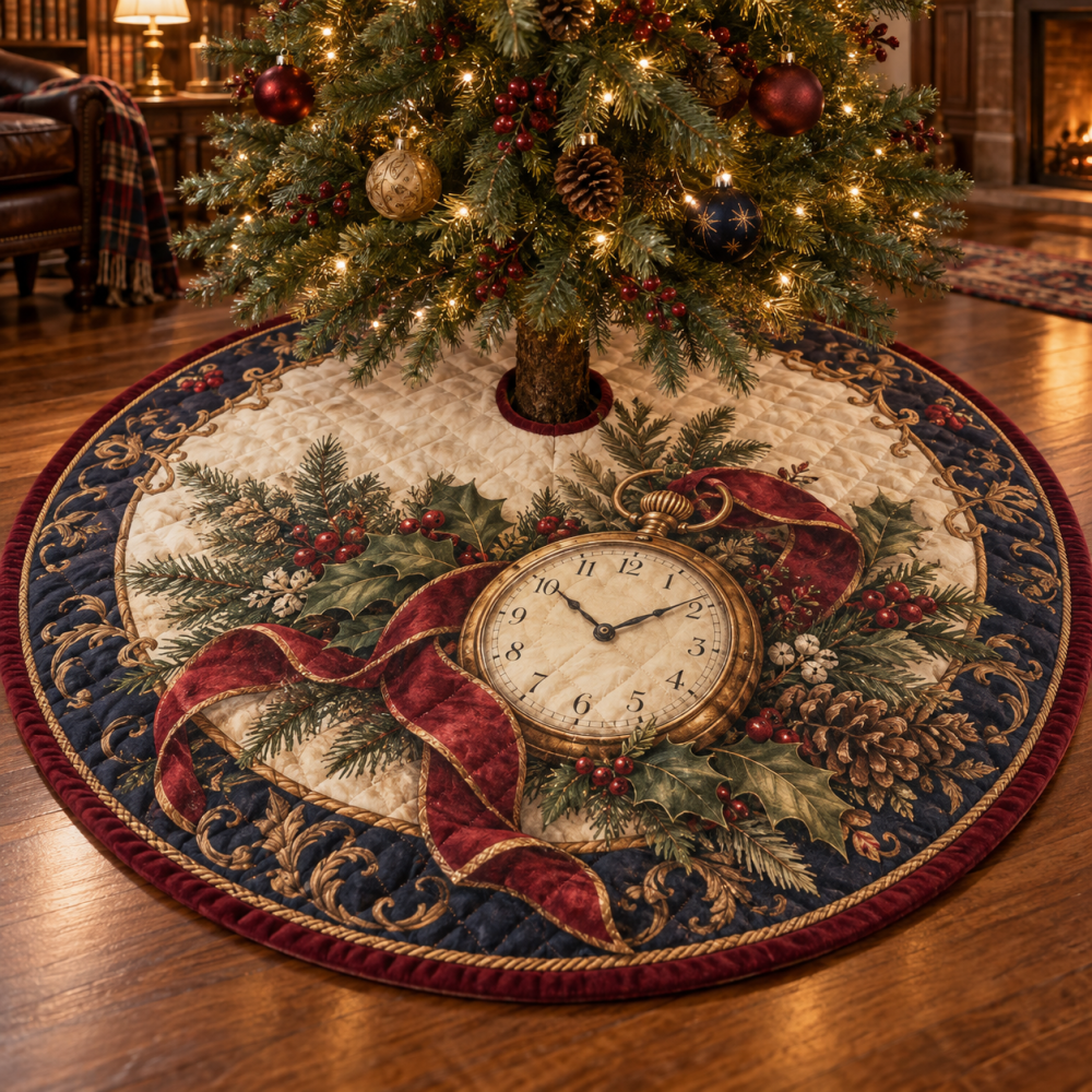 Vintage Pocket Watch Quilted Christmas Tree Skirt - Elegant Timepiece Holiday Accent, Heirloom-Style Quilted Collar, Machine-Washable