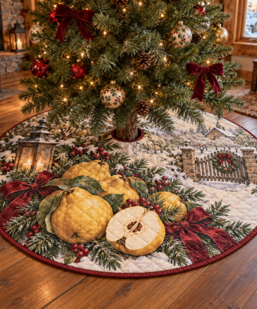 Holiday Quince Quilted Tree Skirt — Warm Fruit-Toned Festive Base Cover, Padded Quilting & Cozy Seasonal Accent For Stylish Christmas Displays