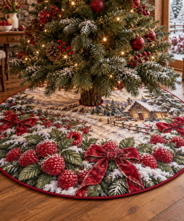 48-Inch Quilted Christmas Tree Skirt With Raspberry Berry Design — Festive Holiday Tree Skirt, Plush, Reversible & Machine-Washable