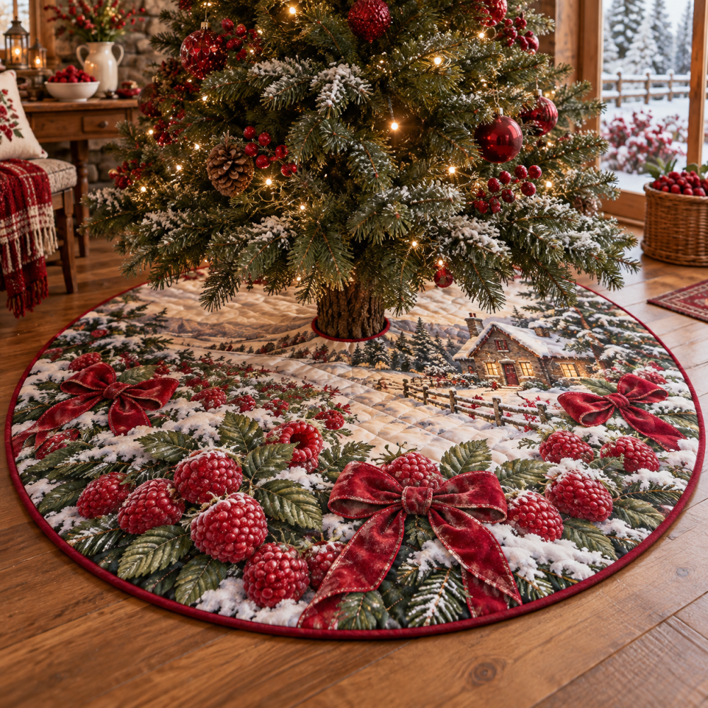 48-Inch Quilted Christmas Tree Skirt With Raspberry Berry Design — Festive Holiday Tree Skirt, Plush, Reversible & Machine-Washable