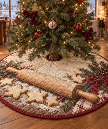 48-Inch Quilted Christmas Tree Skirt With Rolling Pin Pattern — Vintage Kitchen Holiday Tree Skirt, Reversible & Machine-Washable