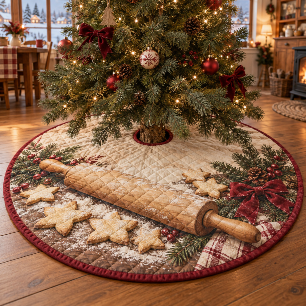 48-Inch Quilted Christmas Tree Skirt With Rolling Pin Pattern — Vintage Kitchen Holiday Tree Skirt, Reversible & Machine-Washable
