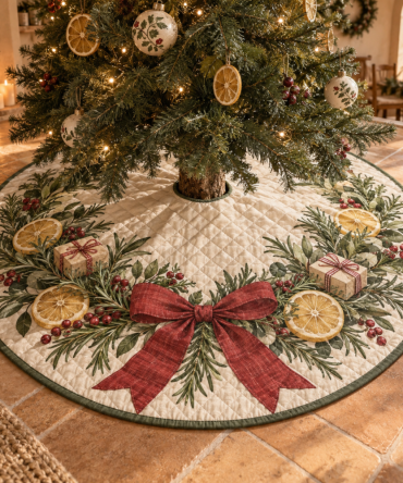 Heritage Rosemary Quilted Tree Skirt — Festive Holiday Christmas Tree Skirt With Botanical Stitching, Soft Cozy Fabric