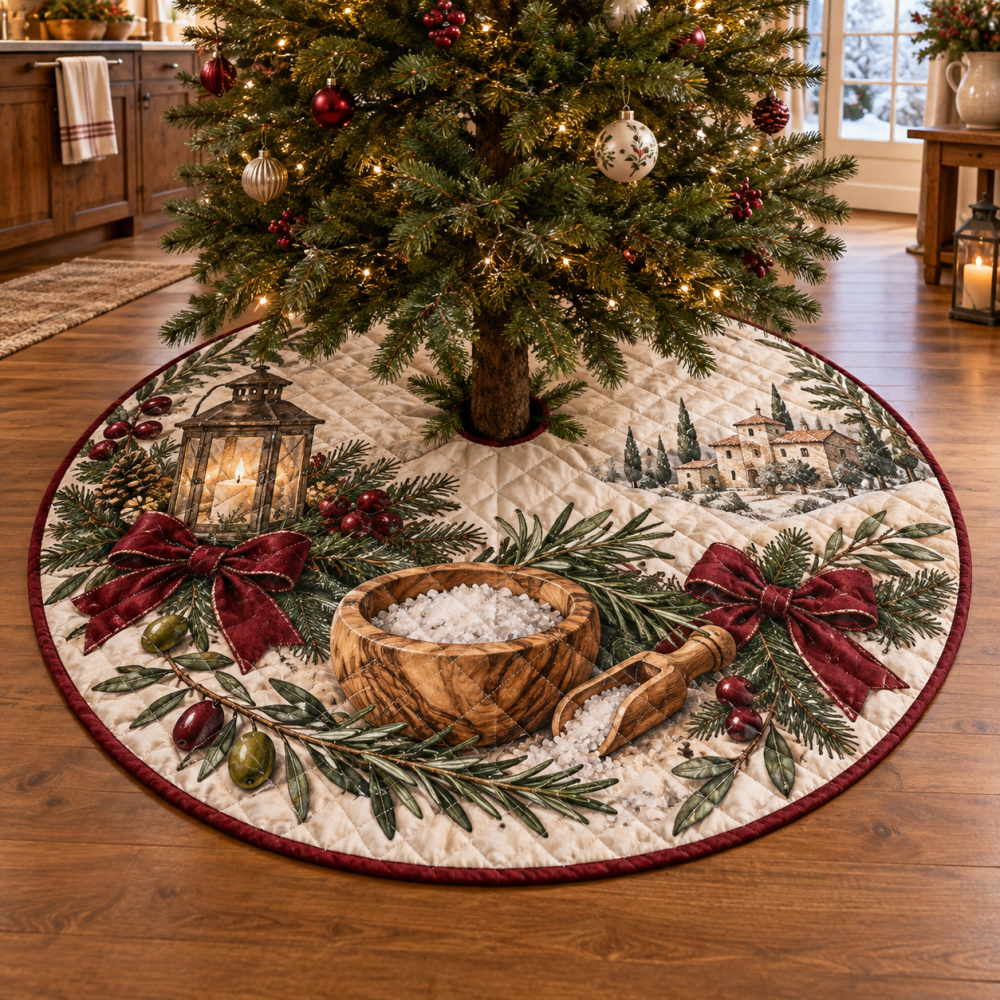 Refined Quilted Christmas Tree Skirt — Holiday Salt Cellar Motif, Luxe Patchwork Base Cover For Seasonal Entertaining & Display
