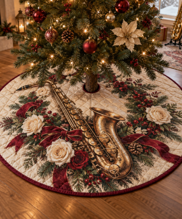 Festive Quilted Saxophone Tree Skirt — 48" Musical Holiday Tree Cover For Christmas Music Lovers And Stylish Seasonal Displays