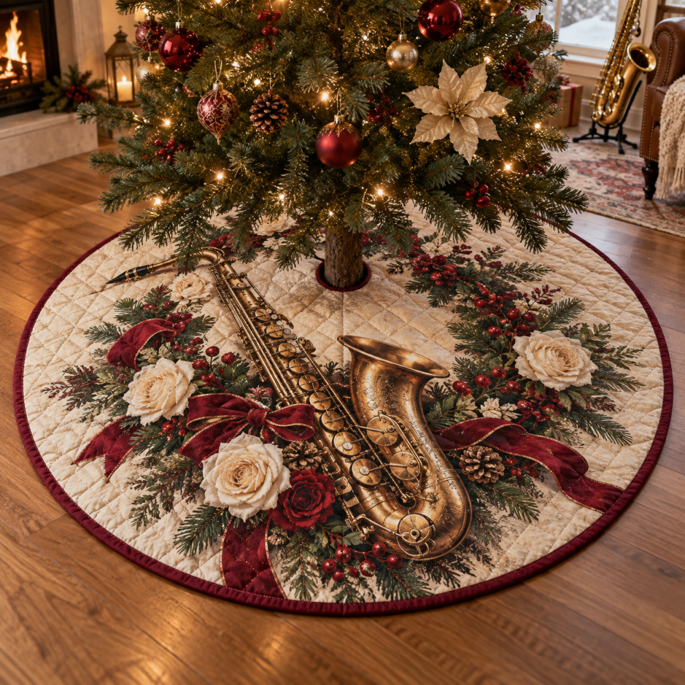 Festive Quilted Saxophone Tree Skirt — 48" Musical Holiday Tree Cover For Christmas Music Lovers And Stylish Seasonal Displays