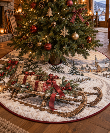Plush Quilted Tree Skirt With Sled Motif - Luxurious Christmas Tree Base Cover, Machine-Washable Holiday Decor