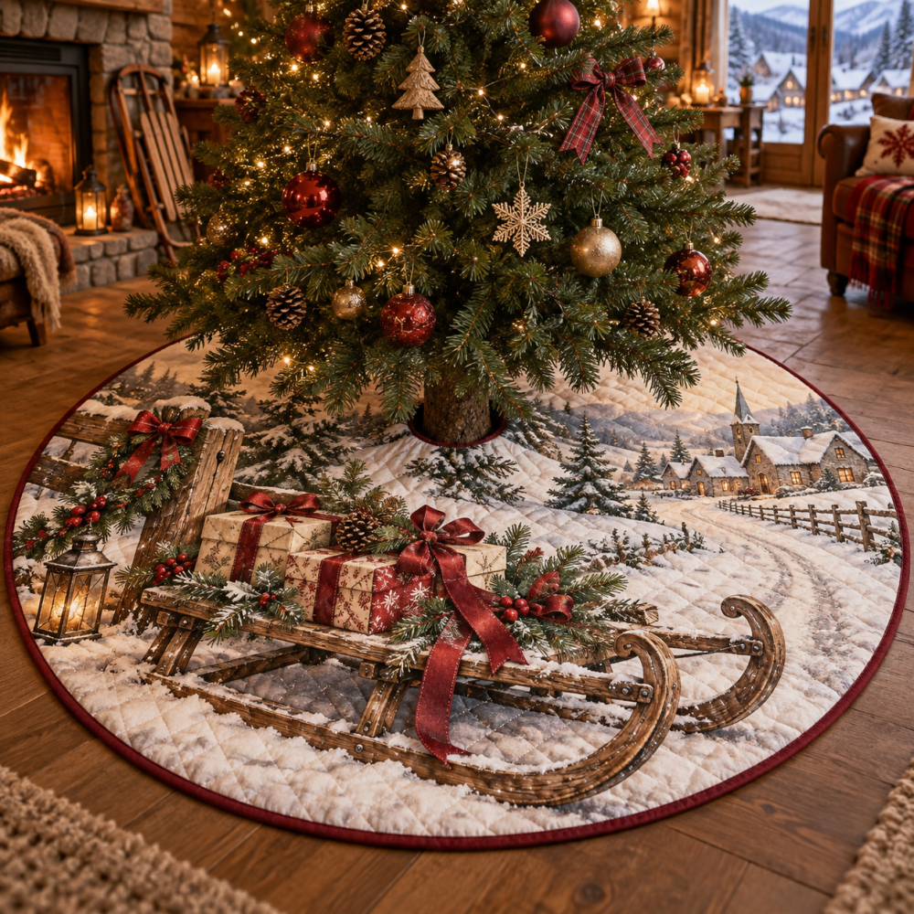 Plush Quilted Tree Skirt With Sled Motif - Luxurious Christmas Tree Base Cover, Machine-Washable Holiday Decor