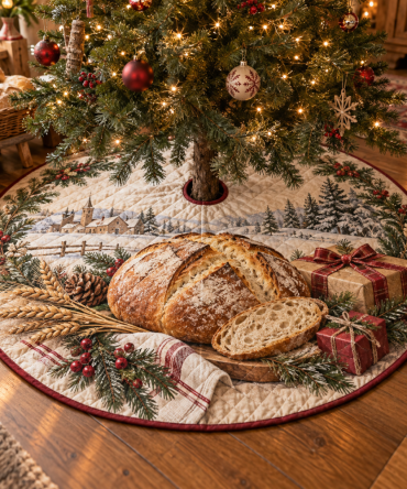 Artisan Quilted Sourdough Christmas Tree Skirt — Rustic Baker-Themed Holiday Tree Skirt, Warm Kitchen-Inspired Festive Accent