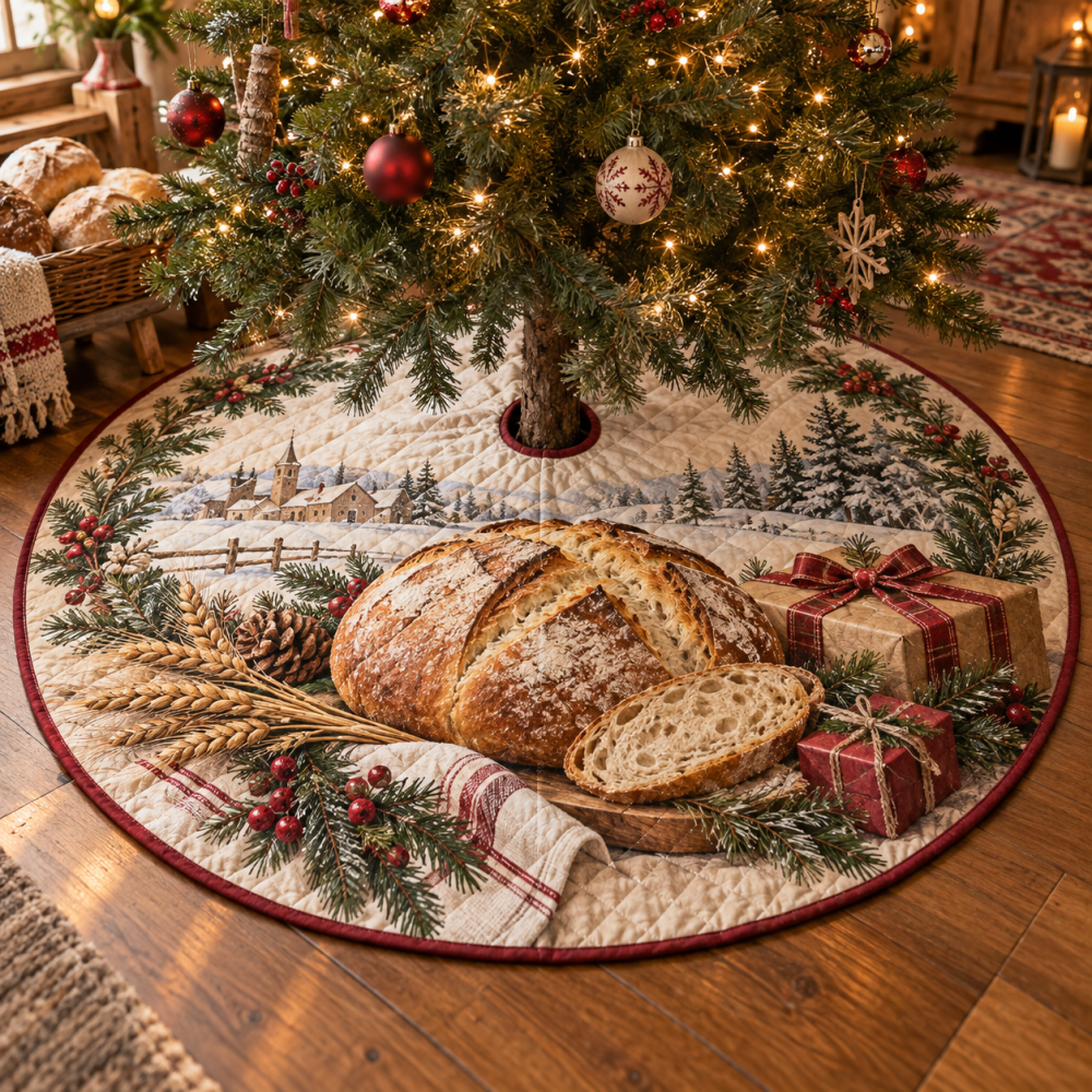 Artisan Quilted Sourdough Christmas Tree Skirt — Rustic Baker-Themed Holiday Tree Skirt, Warm Kitchen-Inspired Festive Accent
