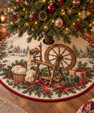 Vintage Holiday Spinning Wheel Quilted Tree Skirt — Rustic Christmas Tree Skirt With Heirloom Charm, Soft Quilted Fabric, Cozy Accent