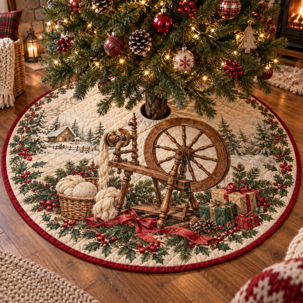 Vintage Holiday Spinning Wheel Quilted Tree Skirt — Rustic Christmas Tree Skirt With Heirloom Charm, Soft Quilted Fabric, Cozy Accent