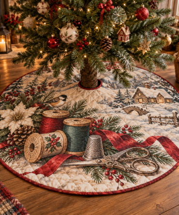 Premium Quilted Christmas Tree Skirt With Holiday Spool Pattern — 48" Durable Cotton Blend, Stain-Resistant, Elegant Seasonal Accent