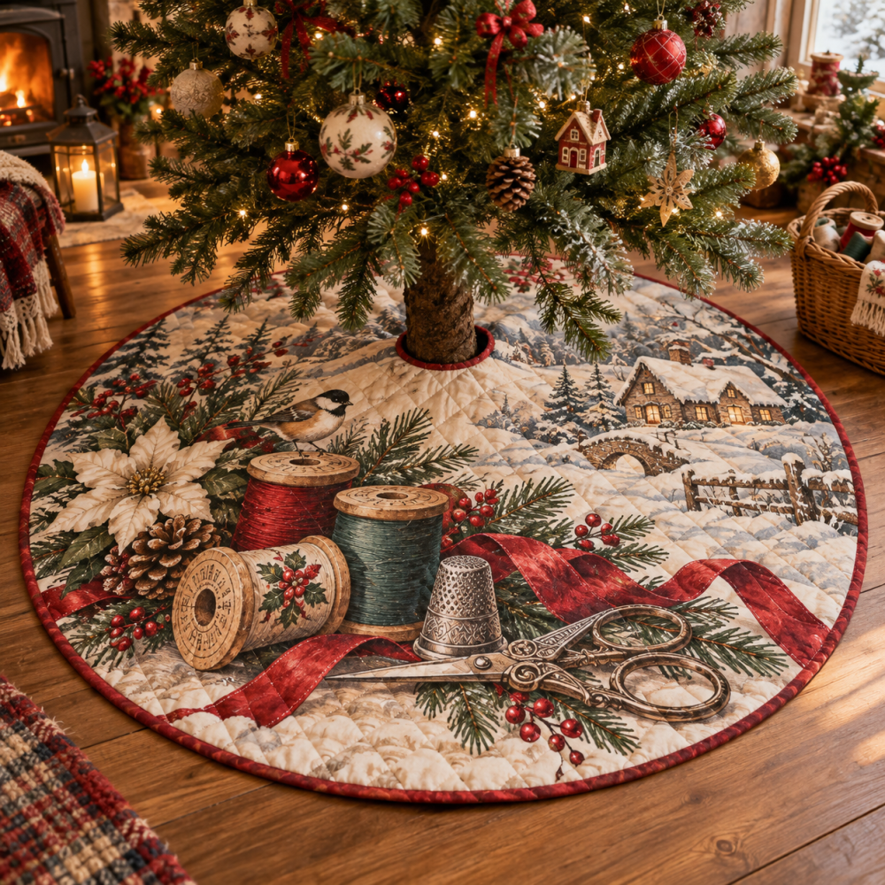 Premium Quilted Christmas Tree Skirt With Holiday Spool Pattern — 48" Durable Cotton Blend, Stain-Resistant, Elegant Seasonal Accent