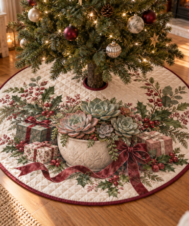 Modern Quilted Succulent Christmas Tree Skirt — Greenery-Themed Holiday Tree Skirt, Contemporary Botanical Accent For Home