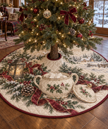 Luxurious Quilted Christmas Tree Skirt - Sugar Bowl Holiday Print Tree Collar, 48 Inch Round, Cozy Decorative Base