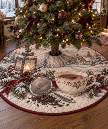 Heritage Quilted Christmas Tree Skirt — Holiday Tea Strainer Motif, Soft Patchwork Base Cover For Charming Seasonal Displays