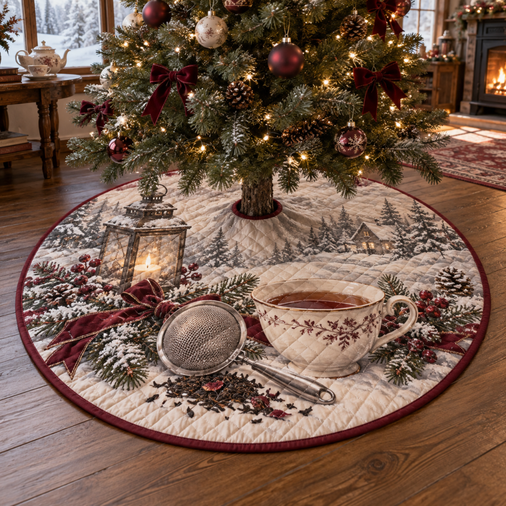 Heritage Quilted Christmas Tree Skirt — Holiday Tea Strainer Motif, Soft Patchwork Base Cover For Charming Seasonal Displays