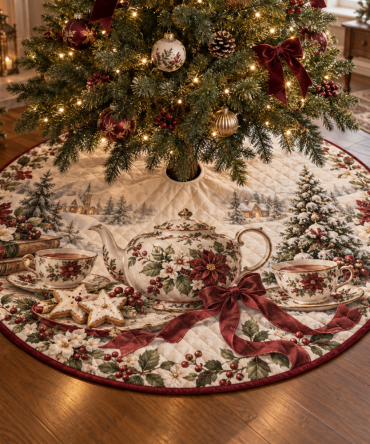 Teapot Quilted Christmas Tree Skirt — Charming Tea Party Holiday Décor, Soft Quilting, Cozy Kitchen-Themed Gift, Machine-Washable Design