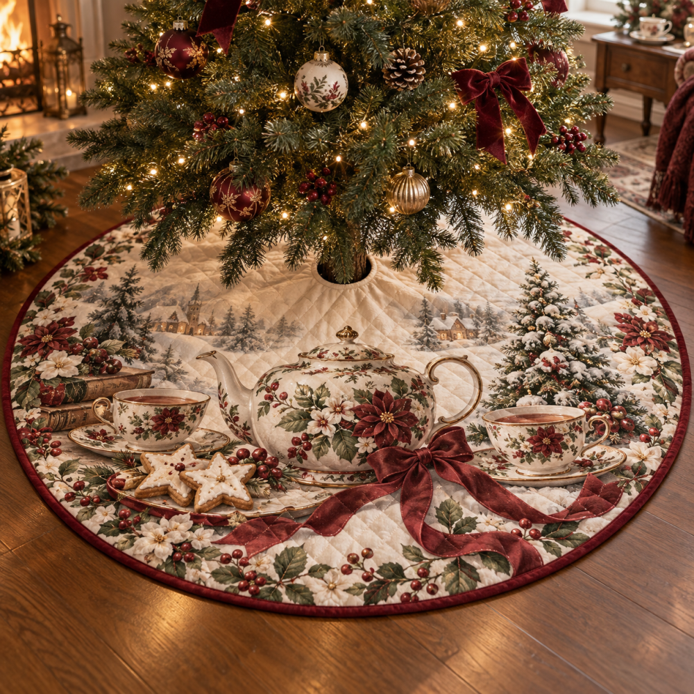 Teapot Quilted Christmas Tree Skirt — Charming Tea Party Holiday Décor, Soft Quilting, Cozy Kitchen-Themed Gift, Machine-Washable Design