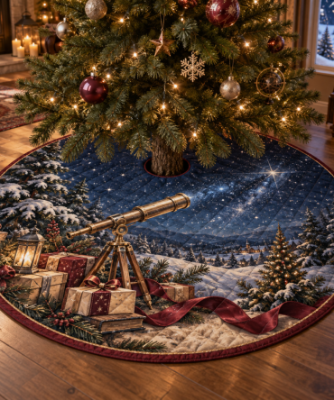 Vintage Telescope Quilted Christmas Tree Skirt — Starry Observatory Holiday Décor, Plush Cotton-Blend, Easy-Tie Closure For Festive Trees