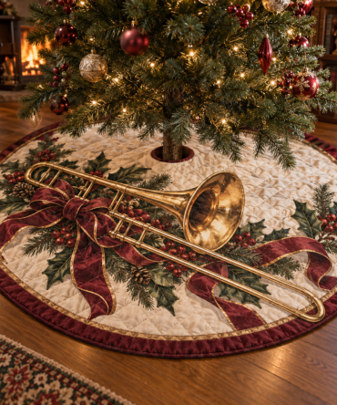 Brass Trombone Quilted Christmas Tree Skirt - Bold Musician Holiday Accent, Plush Quilting, Reversible & Easy Care Finish