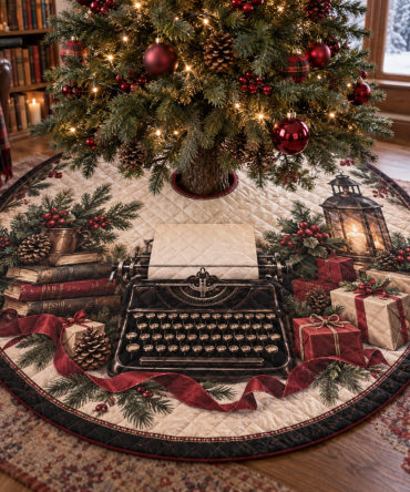 Retro Quilted Typewriter Tree Skirt — 48" Vintage Typewriter Motif Christmas Tree Cover For Unique Holiday Styling & Gifts