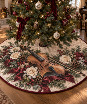 Holiday Violin Quilted Christmas Tree Skirt — Musical Instrument Holiday Décor, Elegant Quilting, Soft Cotton-Blend, Perfect Gift For Musicians
