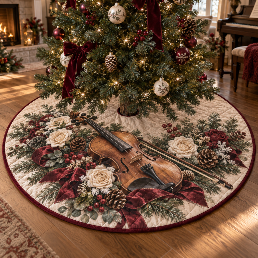 Holiday Violin Quilted Christmas Tree Skirt — Musical Instrument Holiday Décor, Elegant Quilting, Soft Cotton-Blend, Perfect Gift For Musicians