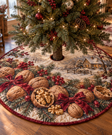 48-Inch Quilted Christmas Tree Skirt With Walnut Wood Motif — Rustic Holiday Tree Skirt, Durable, Reversible & Machine-Washable