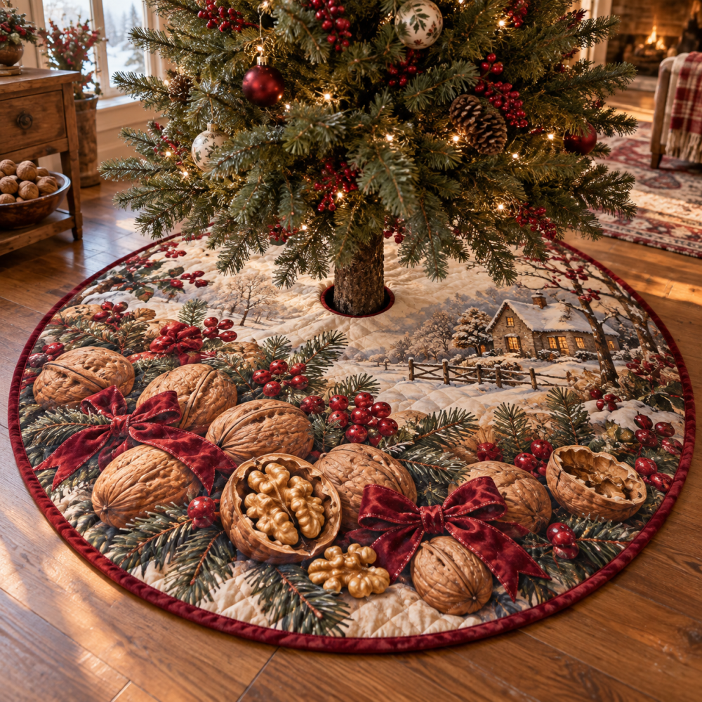 48-Inch Quilted Christmas Tree Skirt With Walnut Wood Motif — Rustic Holiday Tree Skirt, Durable, Reversible & Machine-Washable