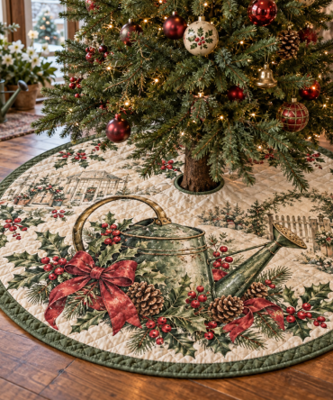 Plush Quilted Tree Skirt With Watering Can Graphic - Charming Christmas Tree Base Cover, Soft Holiday Accent, Easy-Care